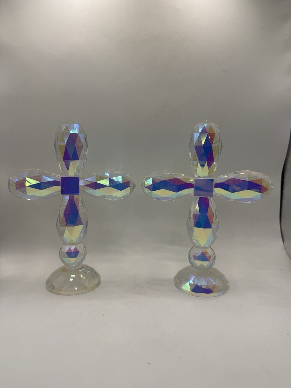 Oleg Cassini Signed Crystal Iridescent Faceted Glass Cross Figurine Pair Of 2 *